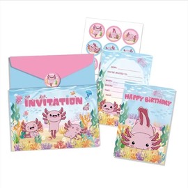 WADACIPPSELLER 12Pcs Axolotl Birthday Party Supplies Axolotl Birthday Party Invitation Cards with Envelopes and Stickers for Axolotl Birthday Party Decorations