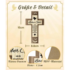Putuo Decor Kreuz Holzdeko – mit Aufschrift „Lieber Gott...“ – warmes Design mit Friedenstaube, Herz und Federmotiv