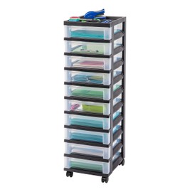 IRIS USA Plastic Drawer Storage Organizer Rolling Cart with Wheels Casters 10-Drawers for Classroom Art Craft Supplies Dresser Closet Bathroom Laundry Room Black/Clear