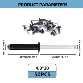 Pack of 50 Aluminium Blind Rivets with Large Flange, Blind Rivets Se, Pop Rivets with Open End, Aluminium Blind Rivets, for Construction, Automotive and Furniture Assembly (Black, 4.8 mm x 20 mm)