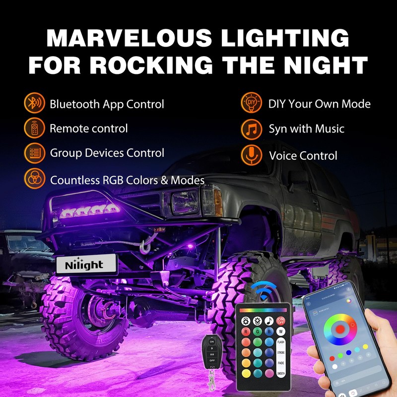 Nilight RGB LED Rock Lights Kit 4 PCS 18LED Wide