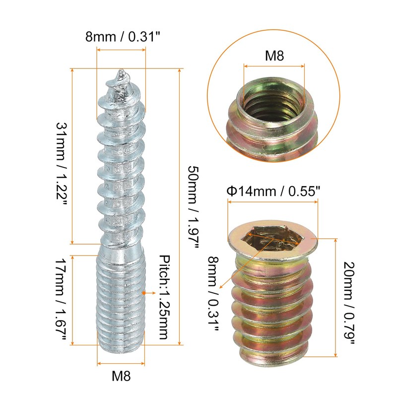 uxcell M8x50mm Hanger Bolts, 12pcs 31mm Wood Dowel Screw Self-Tapping