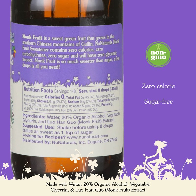 NuNaturals All-Natural Monk Fruit Liquid Plant-Based Sweetener, Zero-Calorie, Low Glycemic,