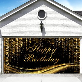 Black Gold Happy Birthday Garage Door Cover Banner Decorations Backdrop 7x16ft Large Black and Gold Glitter Bokeh Sequin Spots Garage Door Cover Outdoor Birthday Party Garage Door Photo Props Supplies