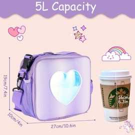 Kids Lunch Box Insulated Soft Bag Mini Cooler Back to School Thermal Meal Tote Kit for Girls, Boys, Purple Glitter-Rainbow