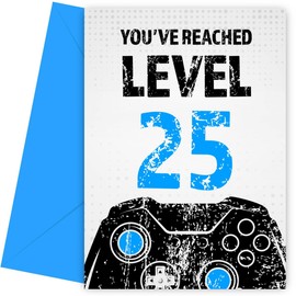 Gamer 25th Birthday Card for Men - Black & Blue Reached Level 25 Bday Cards for Son, Grandson, Nephew or Brother. Gaming Happy Birthday Card for 25 Year Old Male