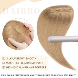 Hairro 100% Real Human Hair Toppers for Women No Bang, Clip in Real Hairpieces, Breathable Silk Base for Covering Greyish Thinning Hair Loss on Top, 16 Inch Dark Blonde