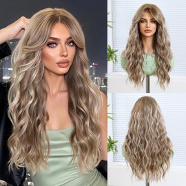 Geogroket Long Wavy Wig for Women Middle Part Wavy Charming Hair Realistic Natural Looking Synthetic Heat Resistant Ombre Brown to Blonde Wigs for Girls Daily Party Use 24 Inch