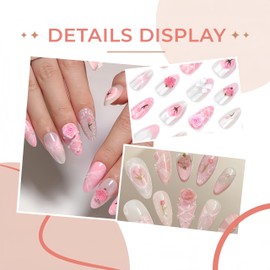 24Pcs Flower Press on Nails Medium Almond Fake Nails Pink Embossed Flowers with 3D Bow Pearl Rhinestones Charms Design False Nails Bling Cute Floral Artificial Acrylic Nails for Women Girls Manicure