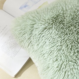 NordECO HOME Pack of 2 Fluffy Cushion Covers Faux Fur Cushions Decorative Fuzzy Square Pillow Case for Sofa Decor 40x40 cm Sage Green