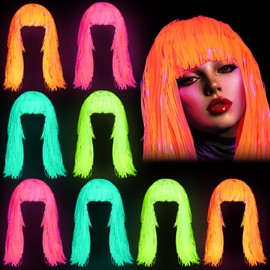 Suncalla 8 Pack Neon Foil Tinsel Wigs Glow in The Dark Party Supplies UV Reactive Shiny Party Wig for Women Men Adults Photo Booth Birthday Decorations 70s 80s Cosplay, Green, Rose Red, Yellow, Orange
