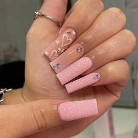 MUZOXEN Valentines Day Press on Nails Long Coffin Light Pink Rhinestone Sequins Glitter Heart Fake Nails Designs Ballet Acrylic False Nails with Stick Glue on Valentine Nails for Women Girls 24 Pcs