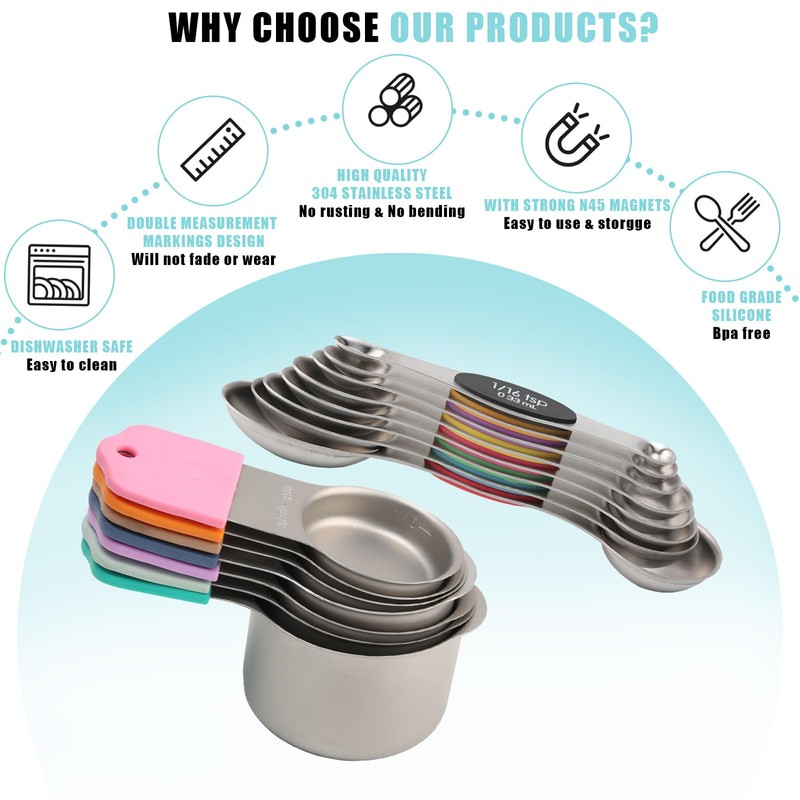 Magnetic Measuring Cups and Spoons Set, Stainless Steel Measuring Spoons
