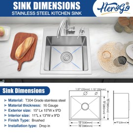 Herogo 15×15 Inch Kitchen Sink, Small Drop In Bar Prep Sink, 16 Gauge Stainless Steel Single Bowl RV Laundry Yard Office Sink With Accessories