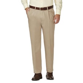 Haggar mens Work To Weekend Khaki Classic Fit No Iron Hidden Expandable Waistband Pleated Front Pant, Khaki, 36x30