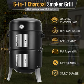 SUNLIFER BBQ Charcoal Smoker for Meat: 16 Inch Heavy Duty 4 In 1 BBQ Charcoal Grills - Vertical Barbecue Smokers Grill Combo for Outdoor Cooking Patio Backyard Picnic Party Grilling