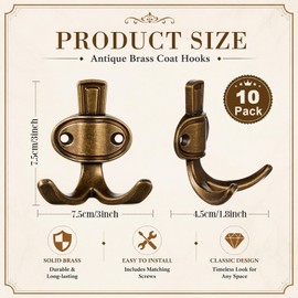 10 Pack Antique Brass Coat Hooks, Vintage Heavy Duty Hooks, Wall Hook for Hanging Coat, Scarf, Bag, Towel, Key, Cap, Hat, Cup for Bathroom, Dorm, Closet, Kitchen