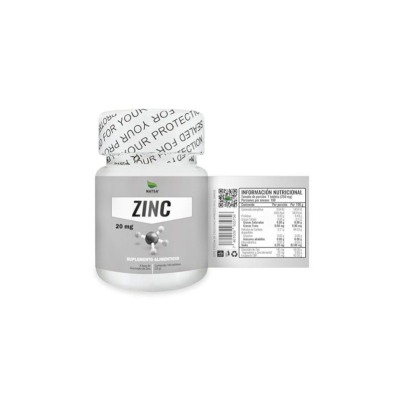 NATSA Zinc 100 tabletas 1 tableta diaria Suplemento mineral Calidad