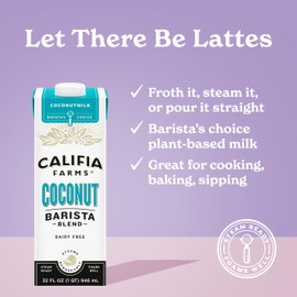 Califia Farms - Coconut Barista Blend Coconut Milk, 32 oz (Pack of 6), Shelf Stable, Dairy Free, Plant Based, Vegan, Gluten Free, Non GMO, Creamer