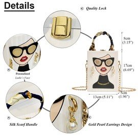 Novelty Unique 3D Lady Face PU Leather Top Handle Satchel Handbags for Women Funky Tote Purse Hobo Crossbody Shoulder bags (Acrylic White)
