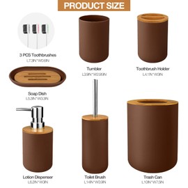 6 Pcs Bamboo and Plastic Bathroom Accessories Sets, Includes Toothbrush Cup, Toothbrush Holder, Soap Dispenser, Soap Dish, Toilet Brush with Holder, Trash Can, with 3 Pcs Toothbrushes (Brown)