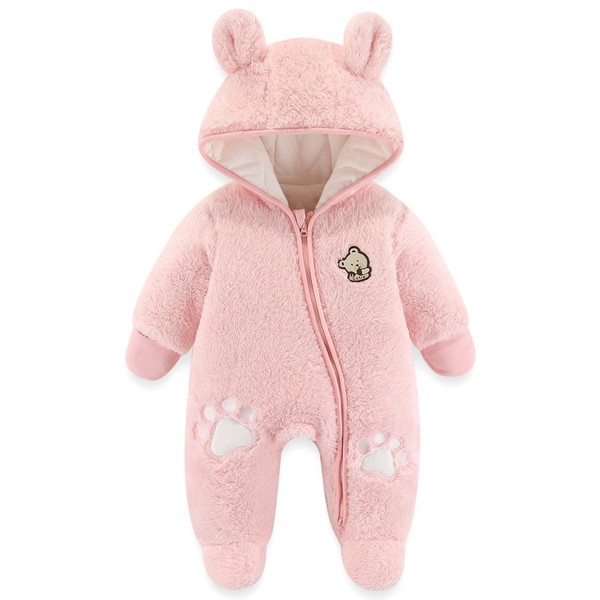 Fairy Baby Newborn Baby Snowsuit Infant Winter Coat Bear Footie Fleece Romper Bunting Jumpsuit for Girls Boys Pink 3-6M