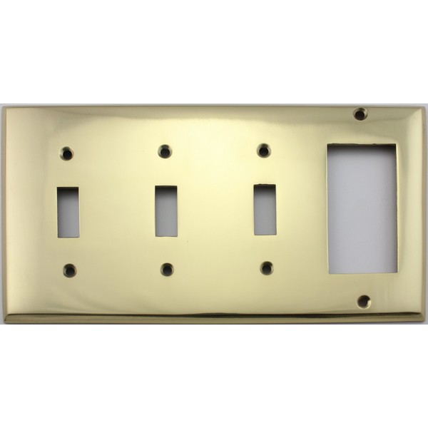Polished Brass 4 Gang Switch Plate - 3 Toggle Light Switch Openings 1 GFI/Rocker Opening