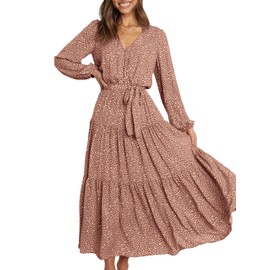 PRETTYGARDEN Women's 2024 Long Sleeve Wrap V Neck Floral Ruffle Tiered Maxi Dress Boho Chiffon Flowy Long Dresses with Belt(Khaki,Medium)