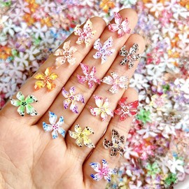 GlamRays 60 Stück Blumen Nagelkunst Charms 3D Hawaii Blumen Nagel Kristalle Hibiskus Blumen Nagel Edelsteine Bunte Blumen Nagel Diamanten Sommer Nagel Schmuck Kleine Blumen