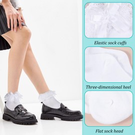APLZGMG 2 Pairs Women Lace Ruffle Socks, White Dress Socks Comfortable Frilly Sock with Bow Princess Style Ankle Socks
