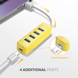 iDsonix USB Hub 3.0, 4-Port 5V / 2A Powered USB Hub, 5Gbps HighSpeed Data Transmission USB Splitter for Laptop, iMac, Surface Pro, XPS, USB Flash Drives, Mobile HDD, Printer, Camera, and More -Yellow