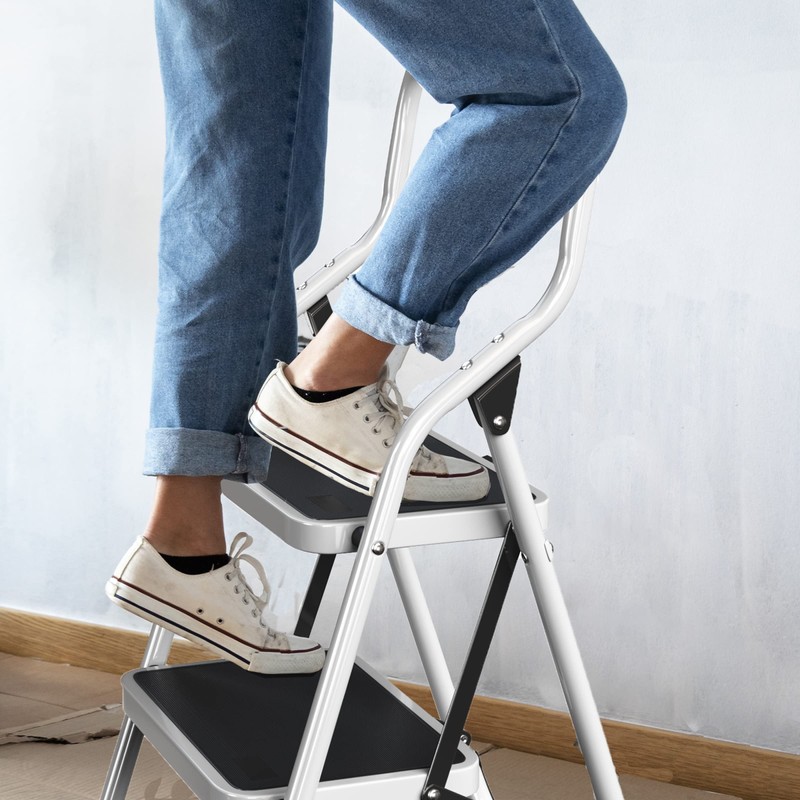 3-Step Stool - Folding Ladder with Handrails, Attachable Tool Bag,