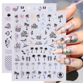 Summer Nail Stickers, Holographic Beach Nail Decals 3D Self -Adhesive Palm Tree Mermaid Tropical Ocean Animal Summer Nail Design Laser Palm Tree Nail Art Stickers DIY Nail Decoration for Women Girls(8Sheets)
