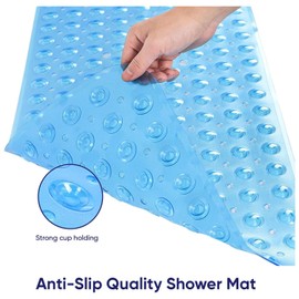 Ameha Shower Bath Mat Non Slip Anti Mould - Blue 70x38cm Bathroom Mats with Strong Suction Cups Grip and Drain Holes Shower Mats Machine Washable Rubber Bath Mats