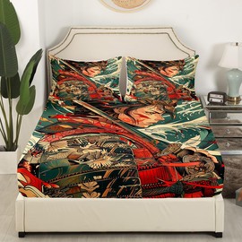 Erosebridal Samurai Twin Fitted Sheet Japanese Samurai Sword Bedding, Asian Oriental Style Bed Sheets Vintage Ocean Wave Bed Cover, Eastern Anime Bed Set (Deep Pocket)