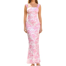 EYNMIN Women's Summer Floral Maxi Dress Square Neck Sleeveless Mesh Bodycon Long Wedding Guest Dresses Pink Print S