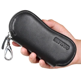 Polare Napa Leather Glasses Case Safety YKK Zipper Sunglasses Case Portable Travel Eyeglasses Case Holder with Metal Carabiner Hook (Black)