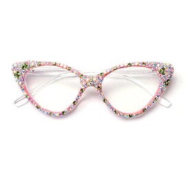 ICARA Bling Crystal Cat Eye Reading Glasses Rhinestone Blue Light Blocking Glasses for Women (ab grren, 1.5, x)