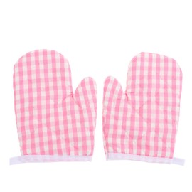 2Pcs Oven Mitts for Play Kitchen, Anti- Scald Gloves Microwave Oven Gloves Kitchen Mitts for Safe Baking Cooking (Pink Checkered)