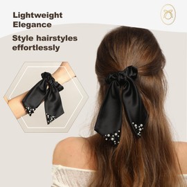 Chic Bow Look Black Hair Scrunchies with White Pearls & Black Stones - Silk Satin Elastic Bands for Women Girls Ponytails Buns Fashion Accessories