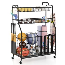 KOTEK Sports Equipment Organizer, Rolling Garage Ball Storage with Baskets, Hooks & Lockable Wheels, Home Gym Storage Rack for Basketball Football Tennis Volleyball Baseball Golf Bag Sports Gear