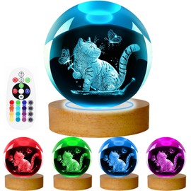 LINSINA Cat Lamp,3D Cat Crystal Ball Night Light, Cat Gifts for Women,16 Color Changing Light with Remote Control, Cat Themed Gifts for Cat Lovers, Bedroom Decor (cat)