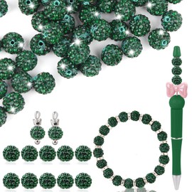 Clay Rhinestone Beads for Crafting, 10MM Emerald Green Round Shamballa Disco Ball Beads for Pens Making, Sparkle Crystal Clay Bead for Jewelry Necklace Bracelet Earring Making 50Pcs