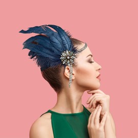 howkuhat Women's Fascinators 1920s Gatsby Feather Flapper Headband Rhinestone Headpiece Retro Hair Accessories For Wedding Party(Navy Blue, One Size)