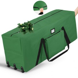 FAMIROSA Rolling Christmas Tree Storage Bag 9 ft, Xmas Artificial Storage Bags With 3 Swivel Wheels, 600D Oxford Fabric Box With Reinforced Handle for Disassembled Tree, Green