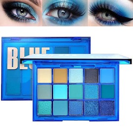 15 Colors Blue Eyeshadow Palette - Glitter Blue Eye shadow/Navy Blue Matte Gemstone EyeShadow Palette, Highly Pigmented Shimmers Cream Blendable Royal Blue Makeup Palette (Blue)