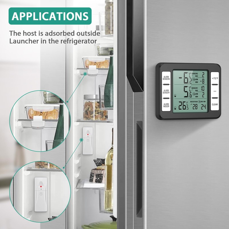 ORIA Refrigerator Thermometer, Wireless Digital Freezer Thermometer with 2 Wireless