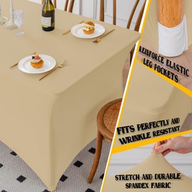 Famstar Table Cloth Champagne 4FT Spandex Tablecloth for Rectangle Fitted Table Cloths Stretch Covers Washable Wrinkle Free Tablecloths for Festival Camping Picnic Wedding Party