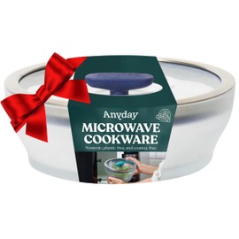 Anyday 4-Cup Microwave Cookware & Glass Container with Glass Lid, Plastic-Free Shallow Food Storage | Stackable Airtight Steamer with Vented Lid for Microwave-Safe Reheating, Steaming Vegetables