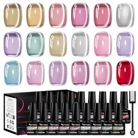 MTSSII 18 Colors Jelly Cat Eye Gel Nail Polish Set, Moonlight Rainbow Glass Crystal Magnetic Gel Polish Nude Pink Red Purple Blue Grey Cateye Nail Polish with Magnet Salon DIY Art Gifts for Women